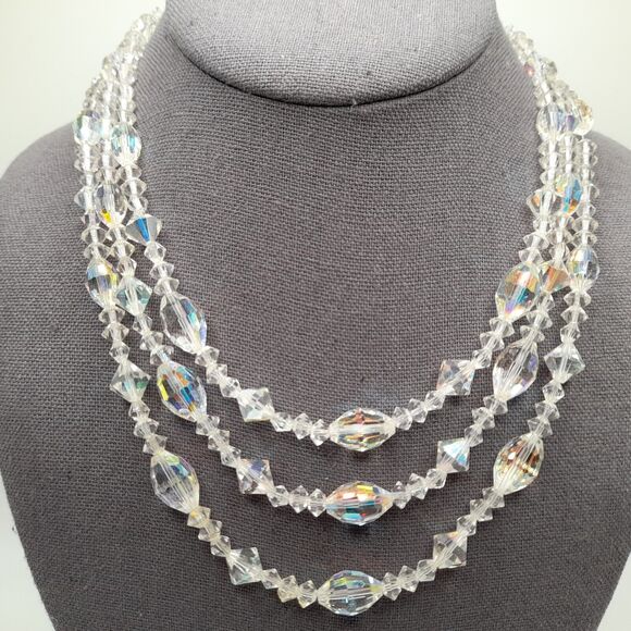 Vintage AB Crystal Bead Necklace, Three Strands, Wedding Necklace, 18" - Picture 2 of 11